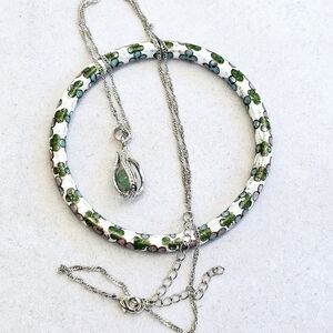 SET! Green Jade 925 Sterling Silver Cage Necklace with Cloisonne Bracelet SET!